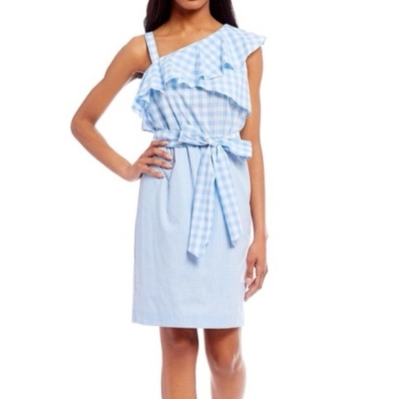 Calvin Klein Light Blue Gingham Plaid Country Ruffle Dress Size 6 Small S - Picture 1 of 6
